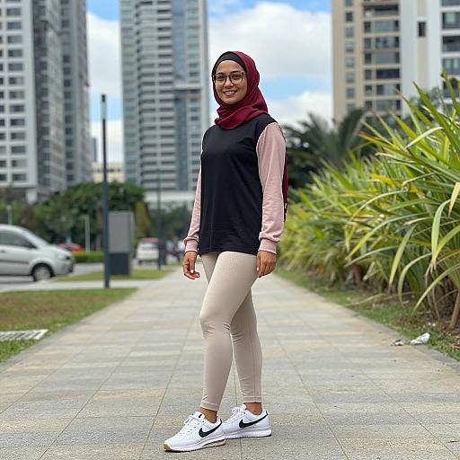 Smiling Woman in Red Hijab Outdoors
