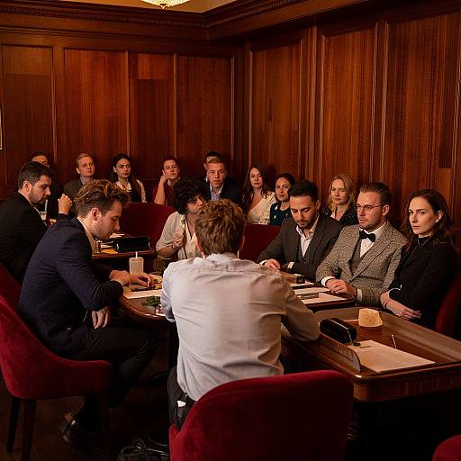 Photograph of a formal business meeting in a wood-paneled room, 12 people seated around a rectangular table, dressed in business attire, engaged in
