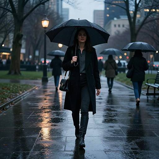 Photograph of a young woman in a black coat and jeans walking on a wet, reflective city sidewalk, holding an umbrella, with blurred figures and city