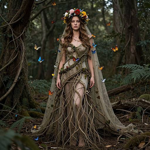 Photograph of a fair-skinned woman with wavy brown hair, wearing a floral crown, green dress made of vines, and sheer veil, surrounded