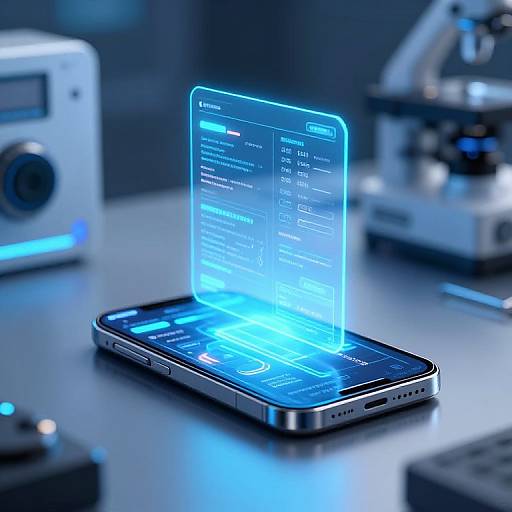 Photograph of a futuristic smartphone displaying a glowing blue holographic interface on a sleek, modern desk with blurred scientific equipment.
