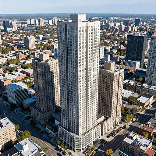 Aerial photograph of a cityscape with three tall, modern, white high-rise buildings in the center, surrounded by shorter, colorful buildings and green trees