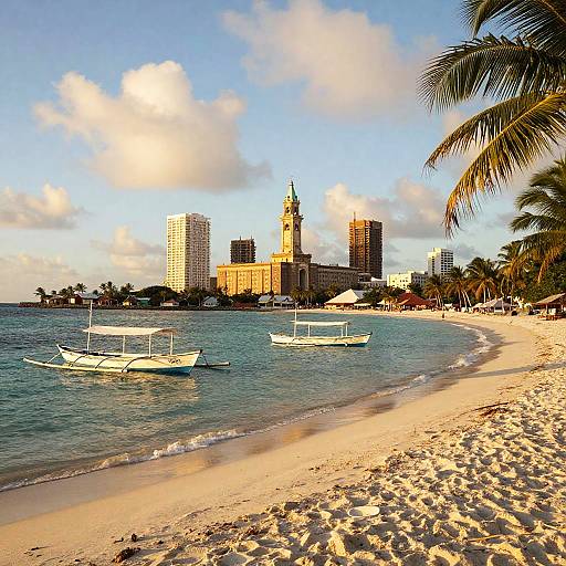 Golden hour beach view with traditional boats and city skyline