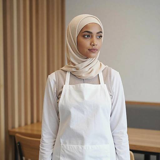 Photograph of a young South Asian woman with light brown skin, wearing a white hijab and apron, standing in a kitchen. She has a