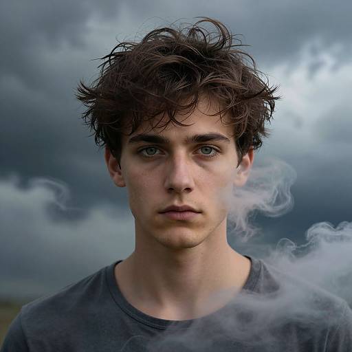 Photograph of a young man with messy dark hair, blue eyes, and serious expression, wearing a gray shirt, against a cloudy sky with wisps