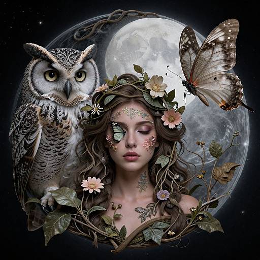 Digital fantasy artwork: ethereal woman with flower crown, owl, and butterfly, moonlit background, detailed textures, vibrant colors, serene expression.