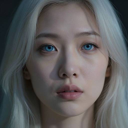 Photorealistic portrait of a young woman with fair skin, platinum blonde hair, striking blue eyes, and light pink lips, set against a dark background