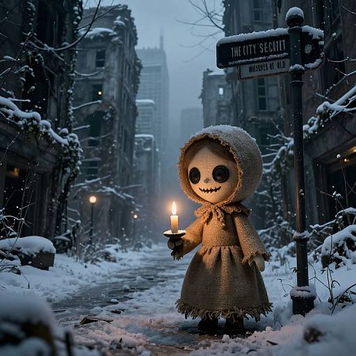 Eerie Burlap Doll in Snowy Abandoned City