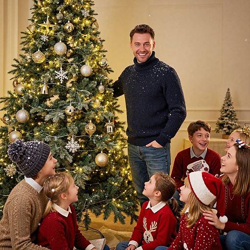 Photograph of a smiling man in a navy sweater standing by a decorated Christmas tree, surrounded by six cheerful children in red Christmas clothes and Santa hats.