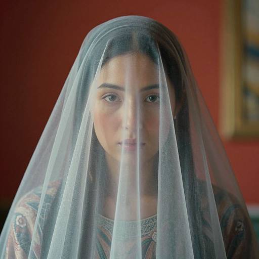 Photograph of a young woman with dark hair and brown eyes, wearing a sheer white veil over a patterned dress, against a red background. Her