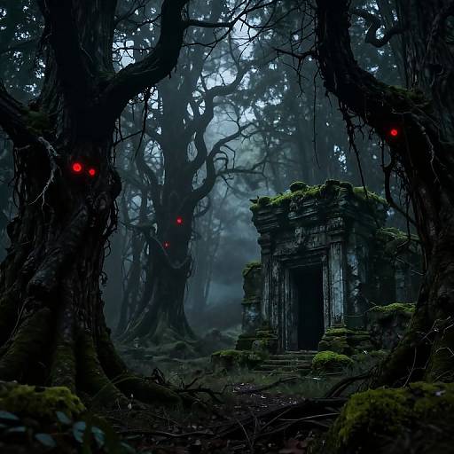 Eerie Horror Scene in Dark Forest