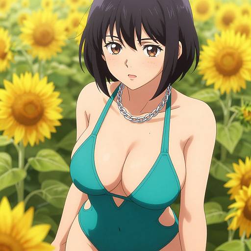 Anime Woman in Teal Swimsuit with Sunflowers