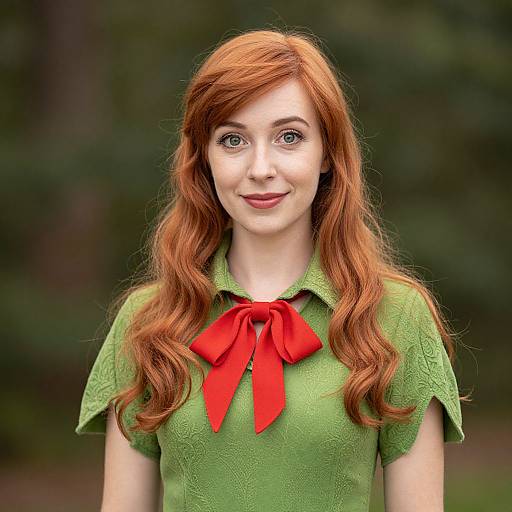 Photograph of a fair-skinned woman with long, wavy red hair, wearing a green, textured blouse with a vibrant red bow, standing against