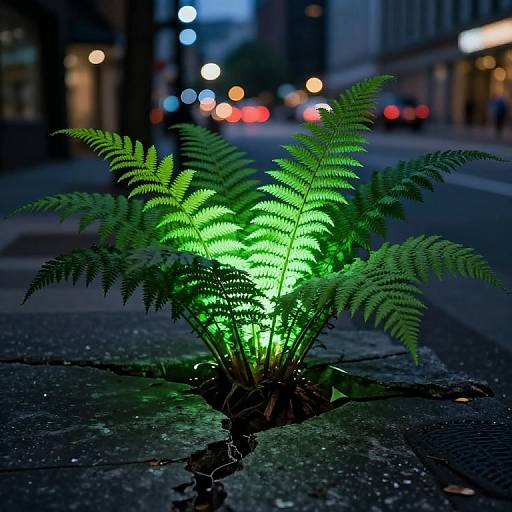 Photograph of a glowing green fern growing through a cracked sidewalk at night, illuminated by an artificial light, with blurred city lights and cars in the background