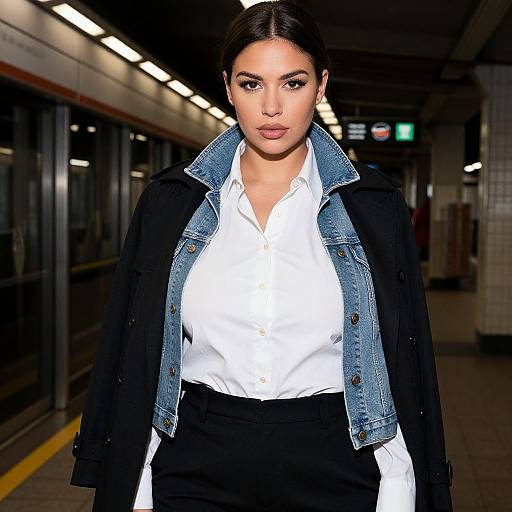 Photograph of a confident woman with dark hair in an updo, wearing a white shirt, denim jacket, and black skirt, standing in a dim