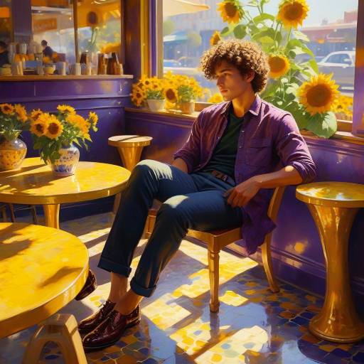 Curly Haired Man in Sunlit Café