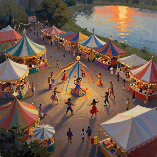 Vibrant circus scene at sunset, colorful tents, people dancing, acrobat performing, lake reflecting orange light, lively atmosphere, digital painting style.