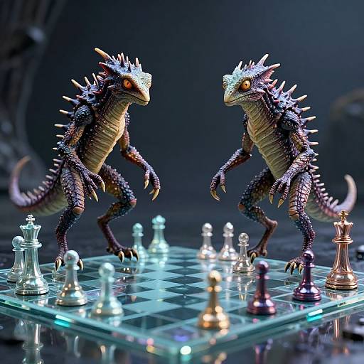 Digital CGI image of two spiked, dragon-like creatures with red eyes, standing on a glowing chessboard, facing each other with chess pieces around them.