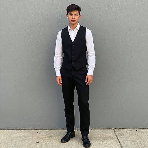 Photograph of a young Asian man with short black hair, wearing a white shirt, black vest, and pants, standing against a gray wall.