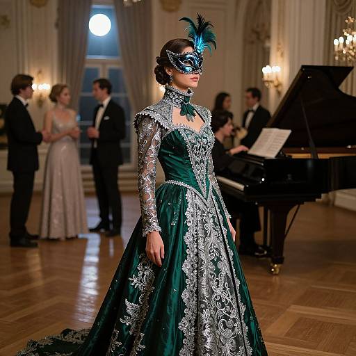 Photograph of a woman in a green, silver-embroidered ball gown with masquerade mask, feathered headpiece, elegant ballroom