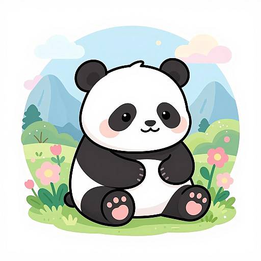 Chibi Baby Panda in Flower Meadow