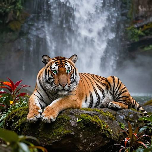 Photorealistic image of a tiger lying on a moss-covered rock, gazing forward with intense eyes, waterfall cascading in the background.