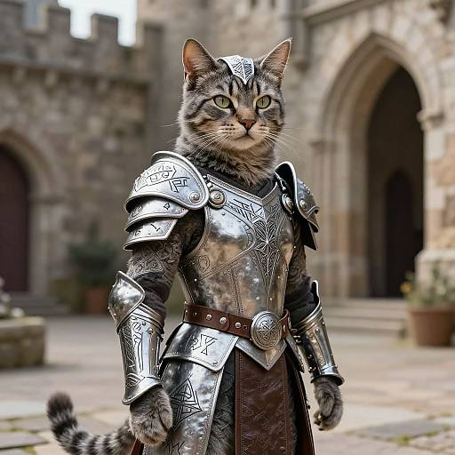 Photograph of a tabby cat in detailed medieval silver armor standing in a stone courtyard with arched buildings in the background.