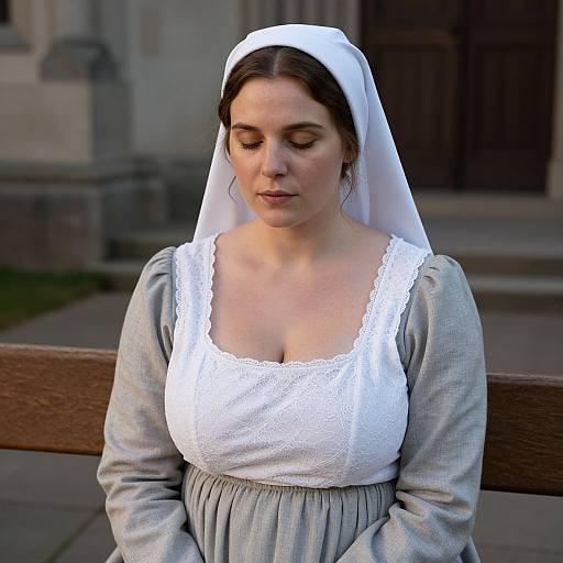 Photograph of a young woman with fair skin and brown hair, wearing a white lace-trimmed dress and veil, sitting on a wooden bench in