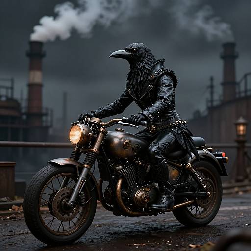 Photograph-style digital artwork of a person in a black leather jacket and crow mask riding a vintage motorcycle, smoke billowing, dark industrial background.