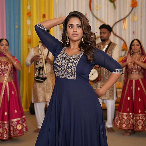 Confident Woman in Navy Anarkali Dress