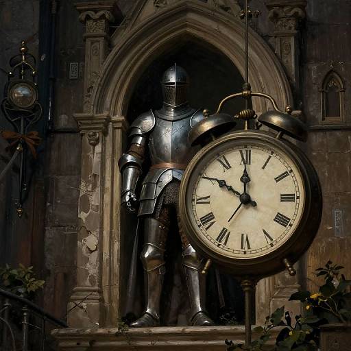 Photograph of a knight in shiny armor standing behind a large, vintage clock with Roman numerals, set within a gothic archway.