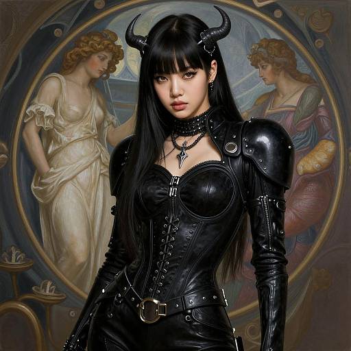 Digital art of a black-haired woman with horns, wearing black leather armor, standing before a circular painting of two ethereal women.
