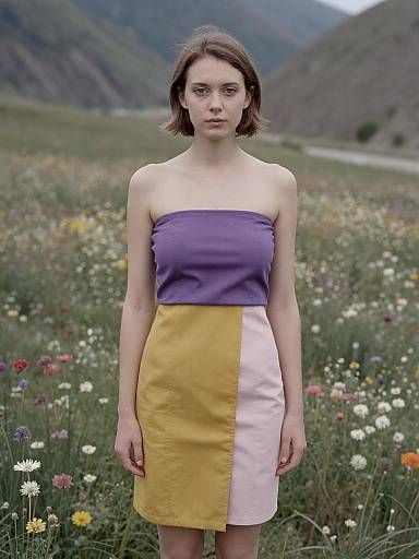 Photograph of a pale-skinned woman with short brown hair, wearing a strapless, two-toned dress (purple top, yellow and pink bottom