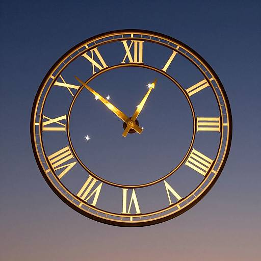 Photograph of a glowing Roman numeral clock against a twilight sky, with illuminated yellow hands and star-like reflections.