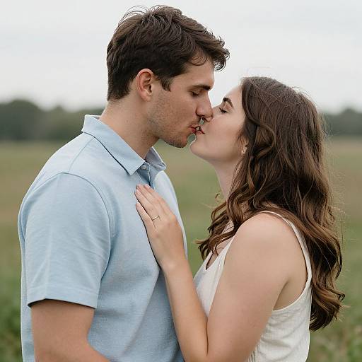 Photograph of a young couple kissing passionately outdoors; man in light blue polo, woman in white tank top, both with wavy brown hair, standing