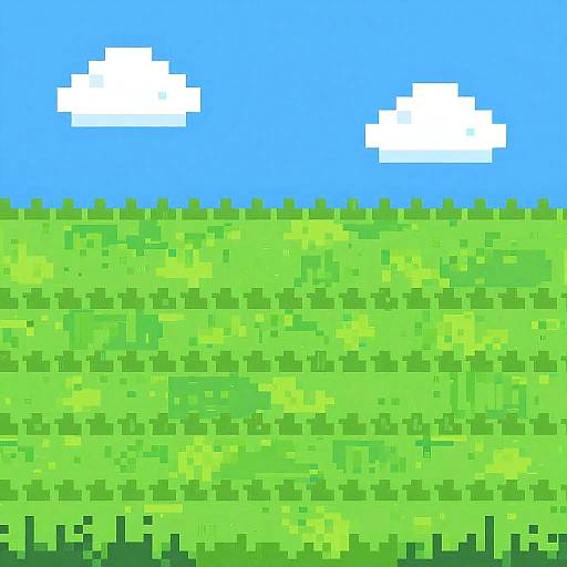 Pixel art of a green grass field with two white, blocky clouds in a bright blue sky. Retro 8-bit style.