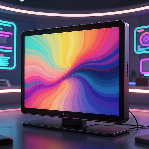 Photograph of a sleek, black Aspire monitor displaying vibrant, swirling rainbow colors in a neon-lit, futuristic room.