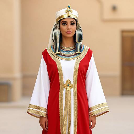 Photorealistic CGI of a young woman in ancient Egyptian attire, wearing a white and red robe with gold trim, striped wig, and ornate head