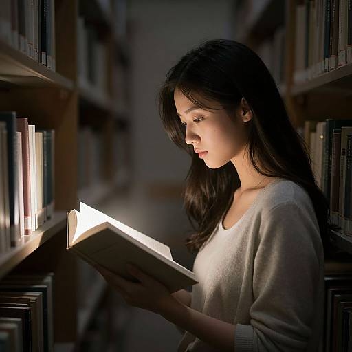Photograph of a young Asian woman with long black hair, wearing a white sweater, reading a book in a dimly lit library, illuminated by a