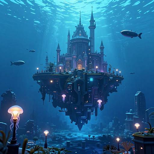 Digital artwork of a futuristic, glowing blue floating castle surrounded by underwater fish and bioluminescent jellyfish in a dark ocean.