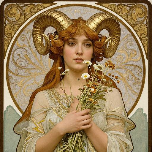 Digital art: Young woman with golden ram horns, long red hair, holding daisies, in a decorative, ornate, Art Nouveau-inspired