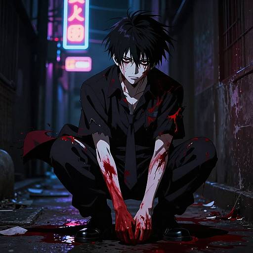 Digital anime-style drawing of a bloodied, dark-haired man crouching in a neon-lit alley at night, hands covered in blood, intense