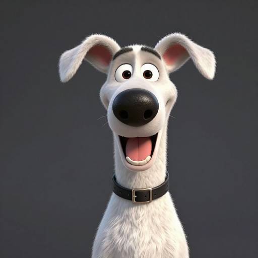 CGI cartoon dog with white fur, black nose, and collar, smiling with wide eyes, set against a dark blue background.