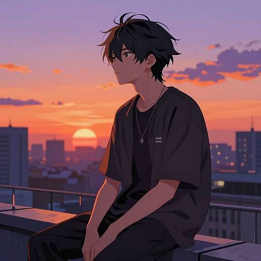 Anime Boy on Rooftop at Sunset