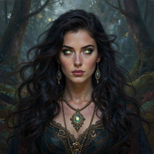 Digital fantasy portrait of a dark-haired woman with glowing green eyes, wearing ornate jewelry, standing in a mystical forest.