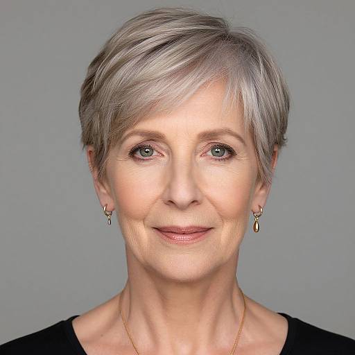 Photograph of a smiling mature woman with short, gray hair, light skin, blue eyes, wearing black top, gold earrings, and necklace, against