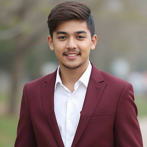 Photograph of a young Asian man with short black hair, mustache, and light skin, wearing a maroon blazer and white shirt, smiling