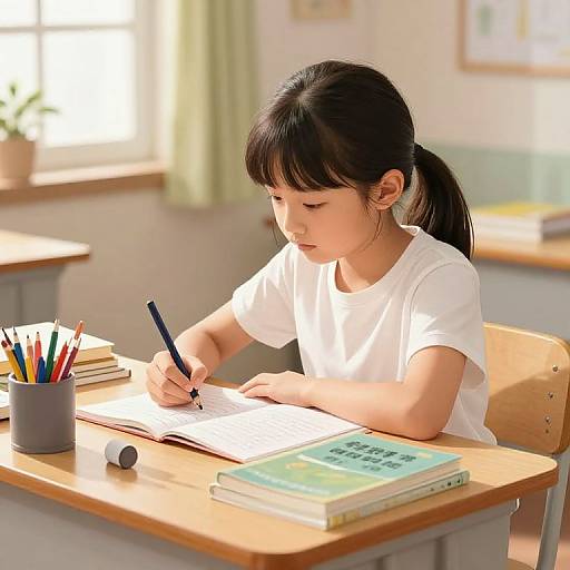 Photograph of an Asian girl with black hair in a ponytail, wearing a white shirt, writing in a notebook at a classroom desk. Sunlit