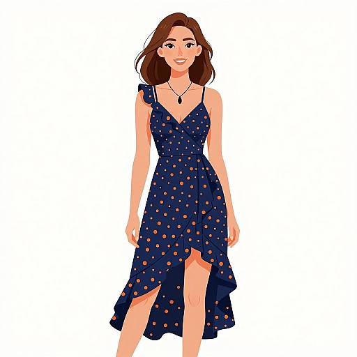 Digital illustration of a smiling woman with brown hair, wearing a navy blue, asymmetrical, polka dot dress, standing against a white background.