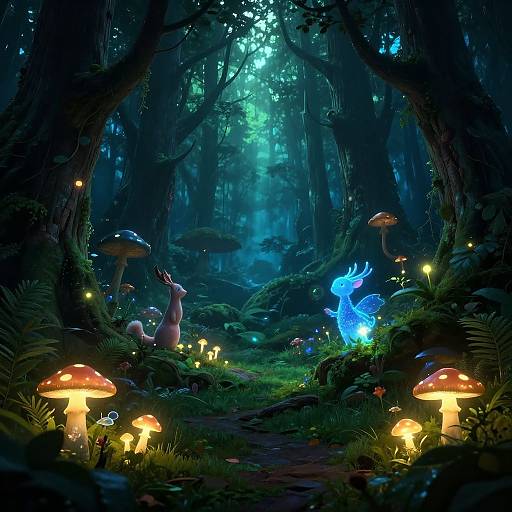 Digital fantasy forest scene with glowing mushrooms, luminescent fireflies, and a blue, winged creature beside a pink, rabbit-like creature. Dark